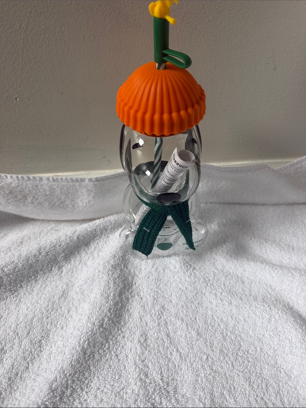 Starbucks Orange-Lid Clear Bear-Shaped Tumbler with Green Straw